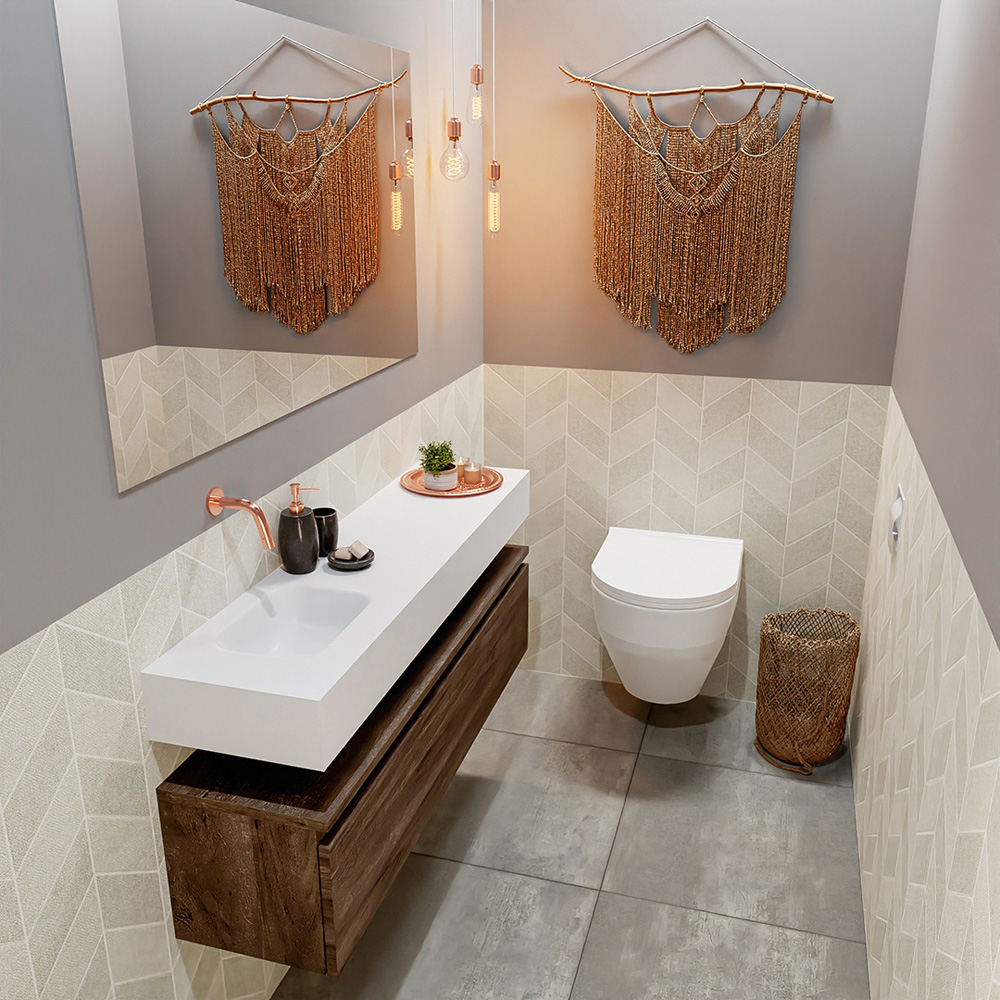 MONDIAZ ANDOR 120cm toiletmeubel dark brown. LEX 120cm wastafel talc positie links. Zonder kraangat
