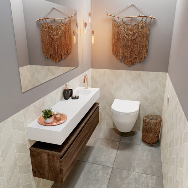 MONDIAZ ANDOR 120cm toiletmeubel dark brown. LEX 120cm wastafel talc positie rechts. Met 1 kraangat