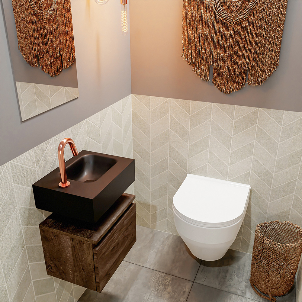 MONDIAZ ANDOR 40cm toiletmeubel dark brown. LEX 40cm wastafel urban positie rechts. Met 1 kraangat