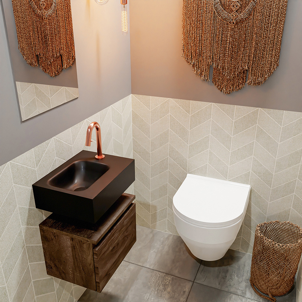 MONDIAZ ANDOR 40cm toiletmeubel dark brown. LEX 40cm wastafel urban positie links. Met 1 kraangat