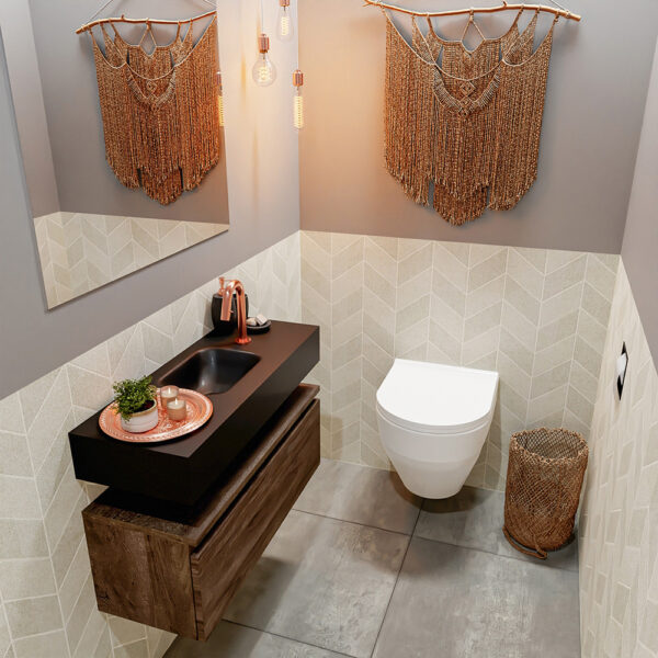 MONDIAZ ANDOR 80cm toiletmeubel dark brown. LEX 80cm wastafel urban positie midden. Met 1 kraangat