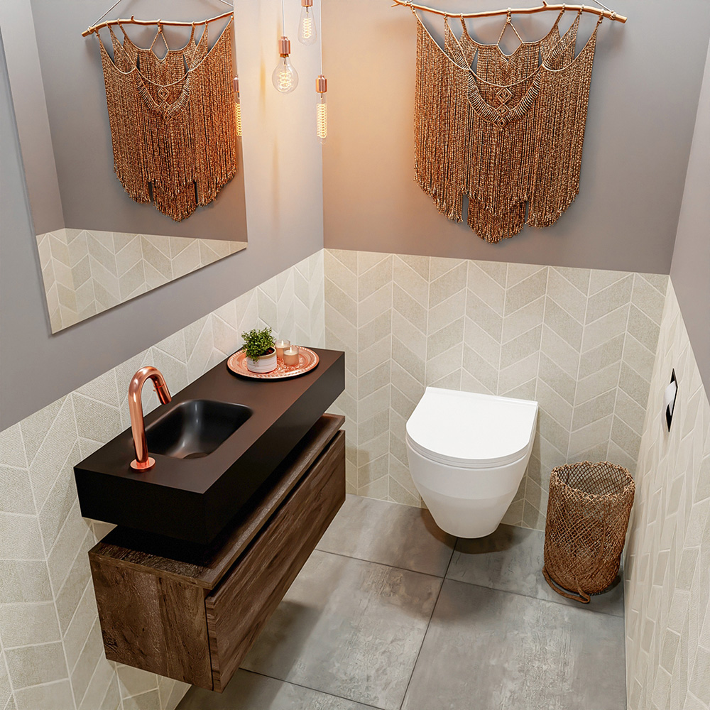 MONDIAZ ANDOR 80cm toiletmeubel dark brown. LEX 80cm wastafel urban positie links. Met 1 kraangat