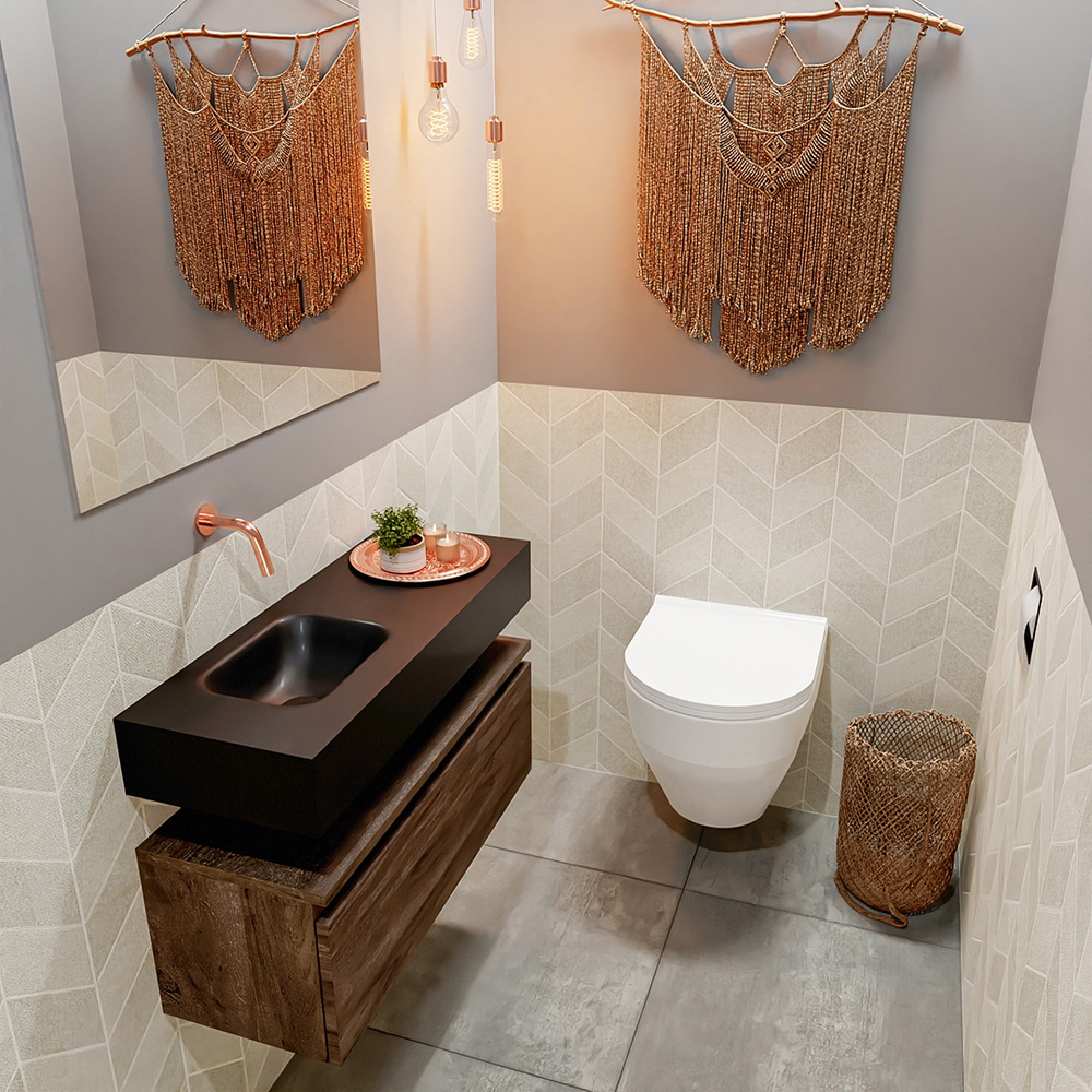 MONDIAZ ANDOR 80cm toiletmeubel dark brown. LEX 80cm wastafel urban positie links. Zonder kraangat