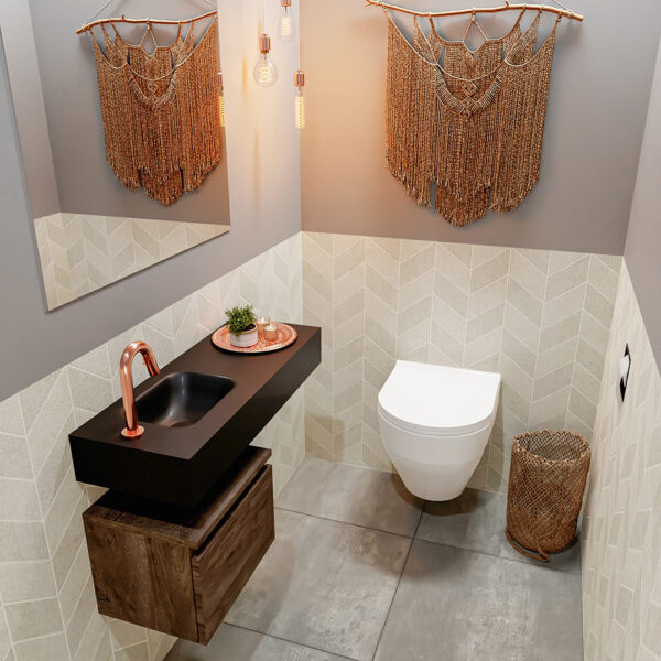 MONDIAZ ANDOR 40cm toiletmeubel dark brown. LEX 80cm wastafel urban positie links. Met 1 kraangat