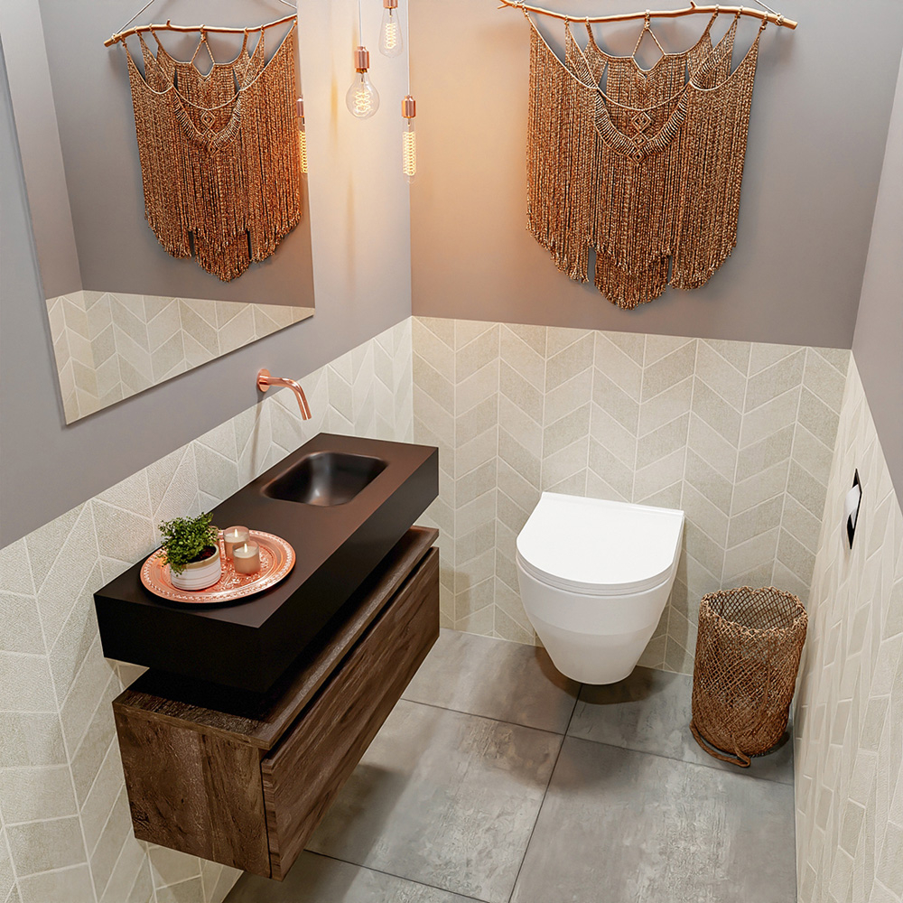 MONDIAZ ANDOR 80cm toiletmeubel dark brown. LEX 80cm wastafel urban positie rechts. Zonder kraangat