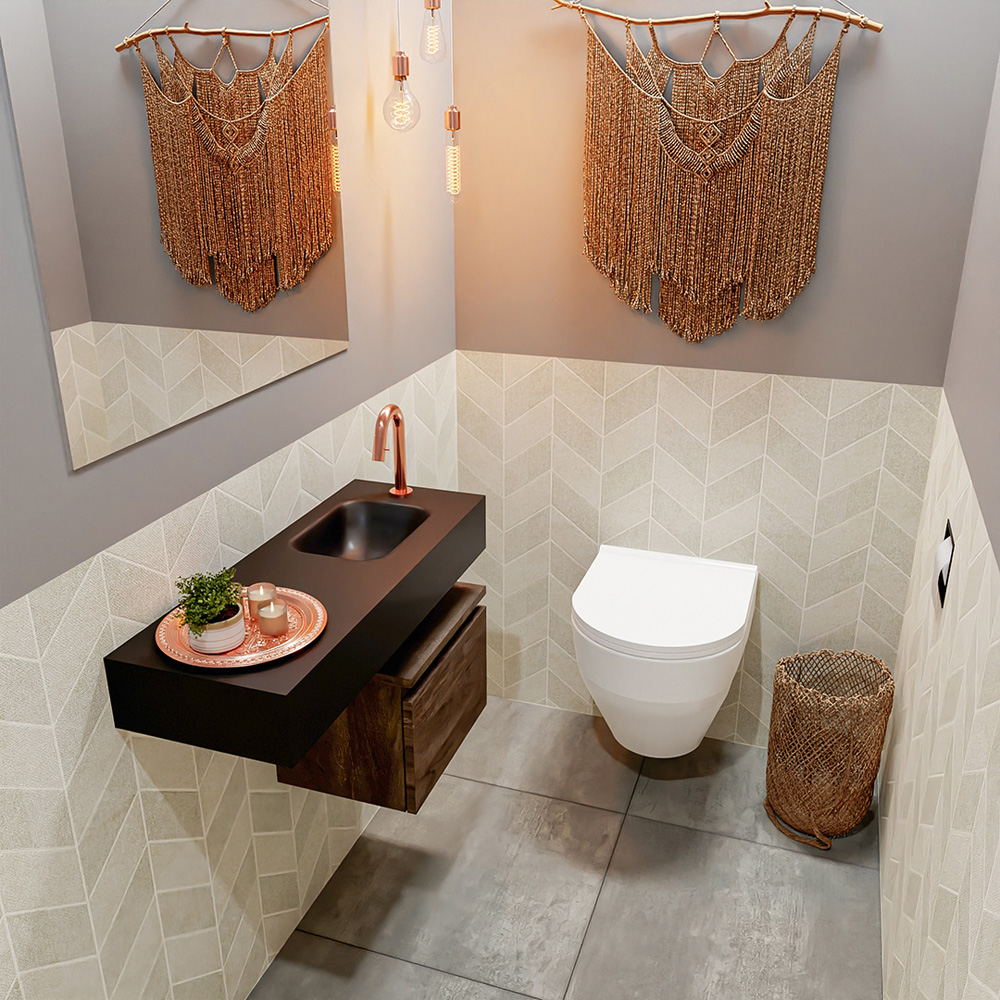 MONDIAZ ANDOR 40cm toiletmeubel dark brown. LEX 80cm wastafel urban positie rechts. Met 1 kraangat