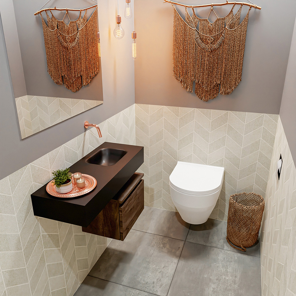 MONDIAZ ANDOR 40cm toiletmeubel dark brown. LEX 80cm wastafel urban positie rechts. Zonder kraangat