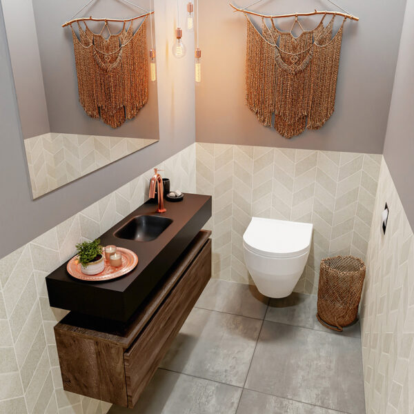 MONDIAZ ANDOR 100cm toiletmeubel dark brown. LEX 100cm wastafel urban positie midden. Met 1 kraangat
