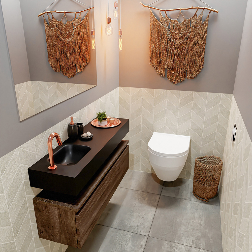 MONDIAZ ANDOR 100cm toiletmeubel dark brown. LEX 100cm wastafel urban positie links. Met 1 kraangat