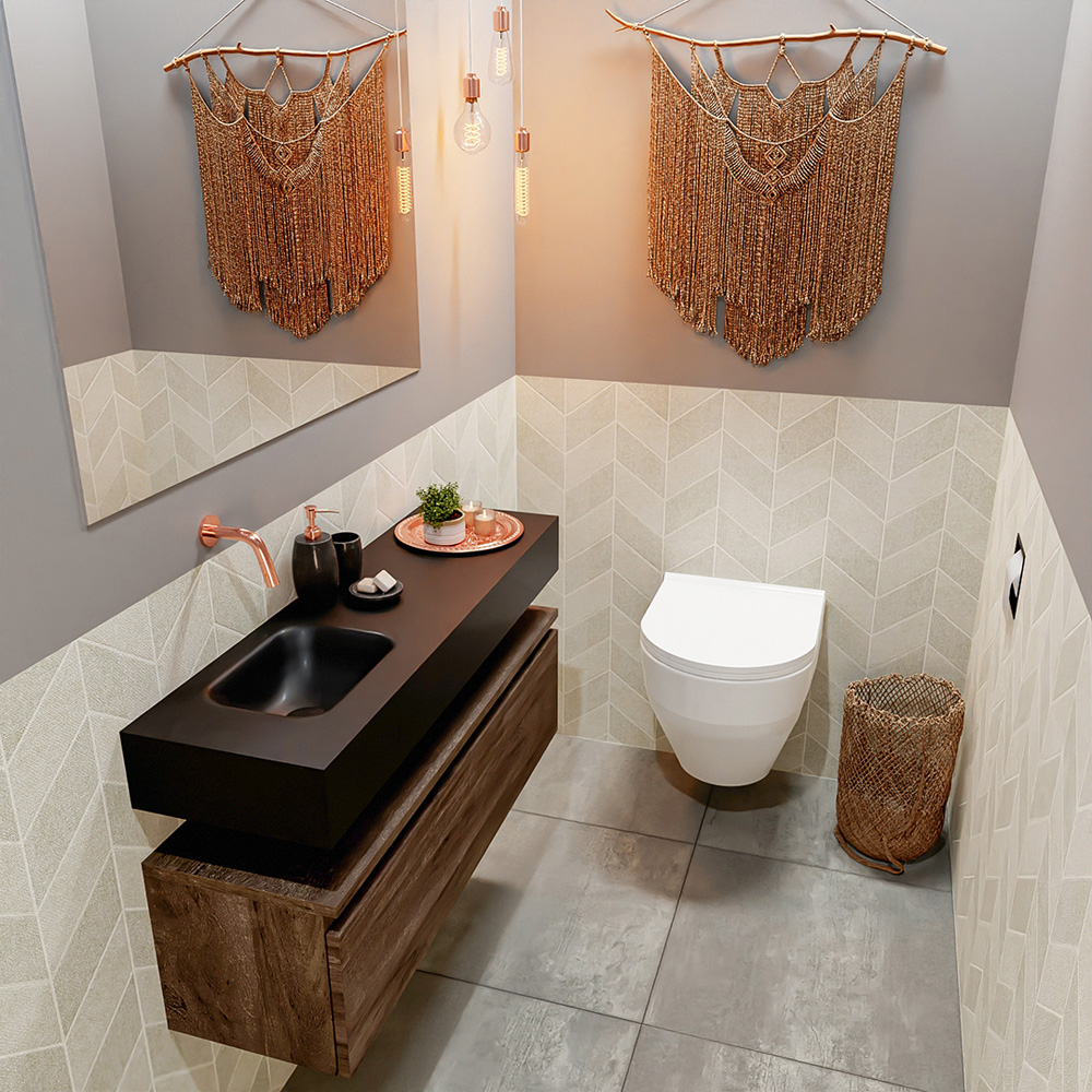 MONDIAZ ANDOR 100cm toiletmeubel dark brown. LEX 100cm wastafel urban positie links. Zonder kraangat