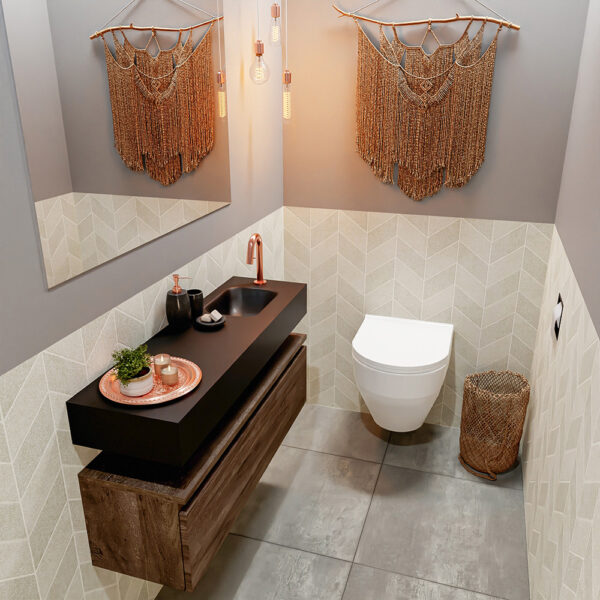 MONDIAZ ANDOR 100cm toiletmeubel dark brown. LEX 100cm wastafel urban positie rechts. Met 1 kraangat