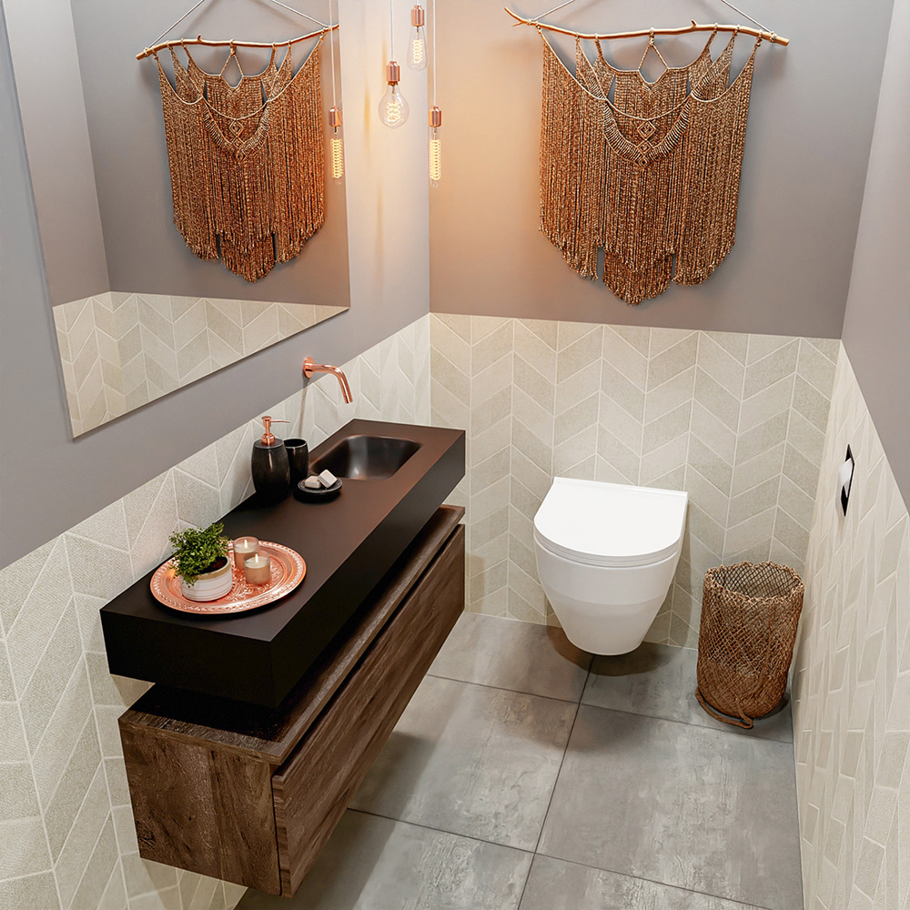 MONDIAZ ANDOR 100cm toiletmeubel dark brown. LEX 100cm wastafel urban positie rechts. Zonder kraangat