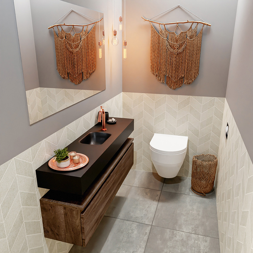 MONDIAZ ANDOR 120cm toiletmeubel dark brown. LEX 120cm wastafel urban positie midden. Met 1 kraangat