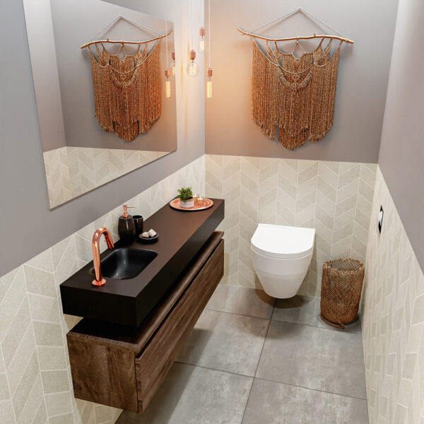 MONDIAZ ANDOR 120cm toiletmeubel dark brown. LEX 120cm wastafel urban positie links. Met 1 kraangat