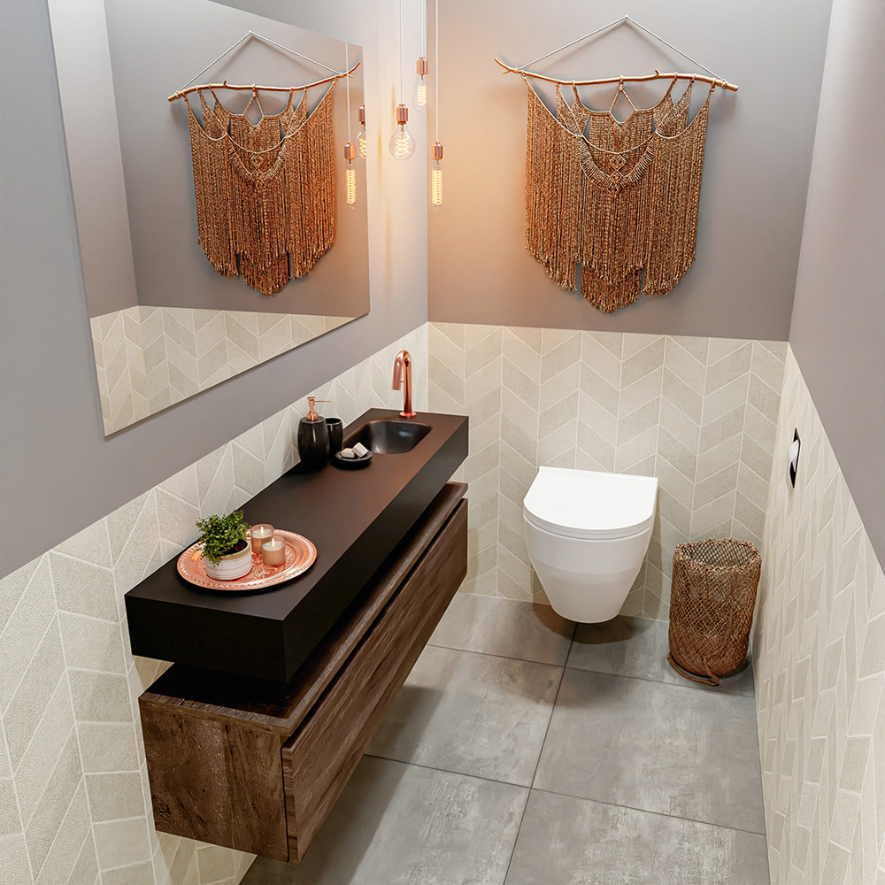 MONDIAZ ANDOR 120cm toiletmeubel dark brown. LEX 120cm wastafel urban positie rechts. Met 1 kraangat