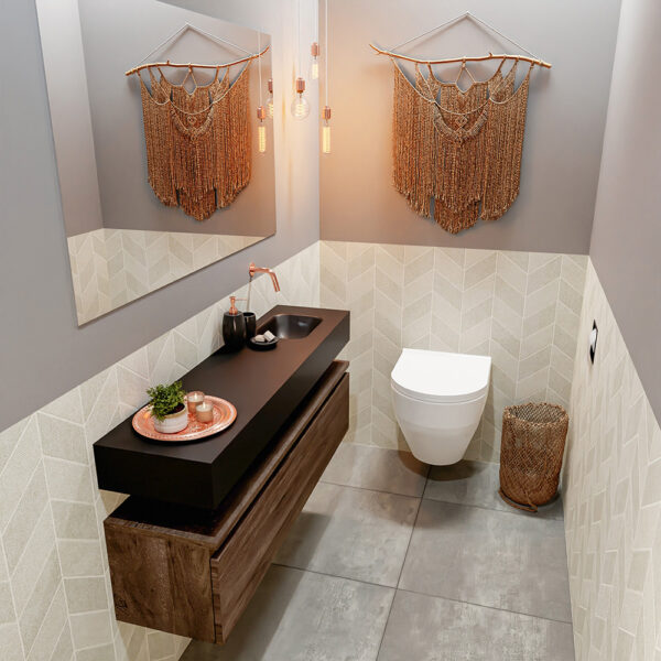 MONDIAZ ANDOR 120cm toiletmeubel dark brown. LEX 120cm wastafel urban positie rechts. Zonder kraangat
