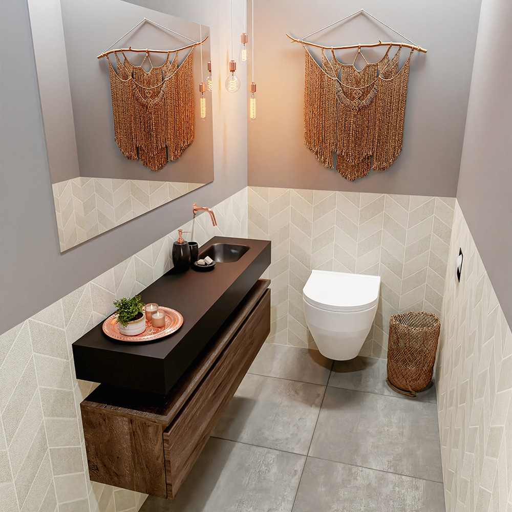 MONDIAZ ANDOR 120cm toiletmeubel dark brown. LEX 120cm wastafel urban positie rechts. Zonder kraangat