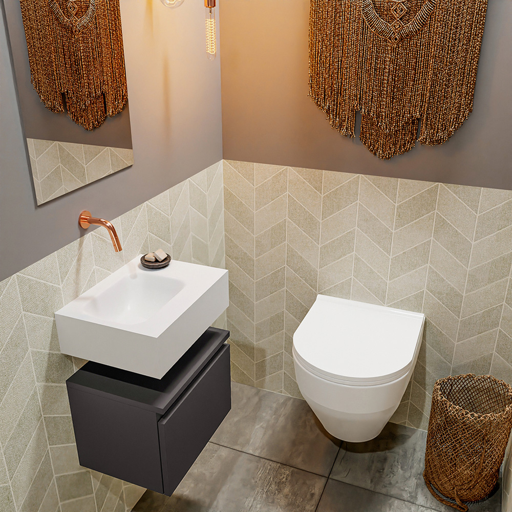 MONDIAZ ANDOR 40cm toiletmeubel dark grey. LEX 40cm wastafel talc positie links. Zonder kraangat