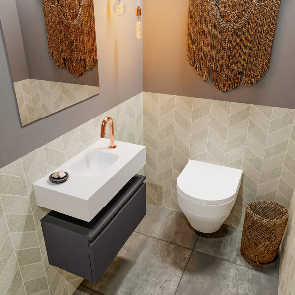 MONDIAZ ANDOR 60cm toiletmeubel dark grey. LEX 60cm wastafel talc positie midden. Met 1 kraangat