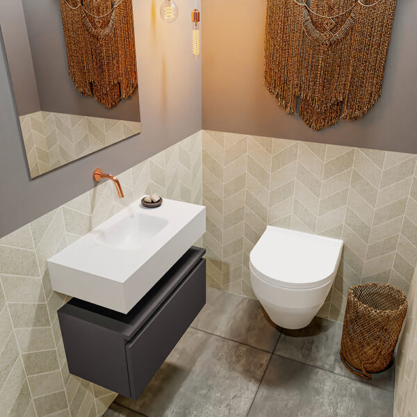 MONDIAZ ANDOR 60cm toiletmeubel dark grey. LEX 60cm wastafel talc positie midden. Zonder kraangat