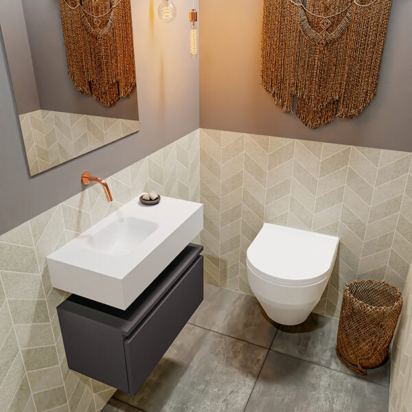 MONDIAZ ANDOR 60cm toiletmeubel dark grey. LEX 60cm wastafel talc positie links. Zonder kraangat