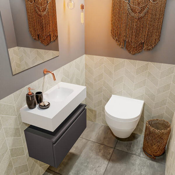 MONDIAZ ANDOR 60cm toiletmeubel dark grey. LEX 60cm wastafel talc positie rechts. Zonder kraangat