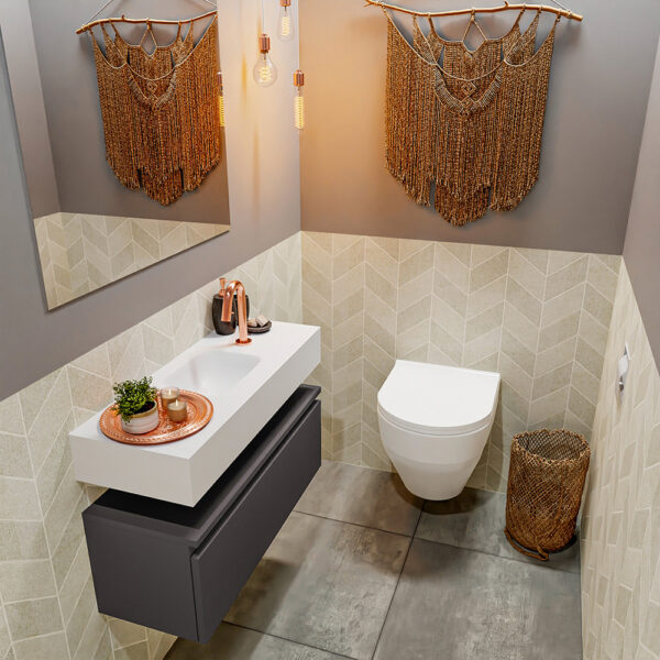 MONDIAZ ANDOR 80cm toiletmeubel dark grey. LEX 80cm wastafel talc positie midden. Met 1 kraangat