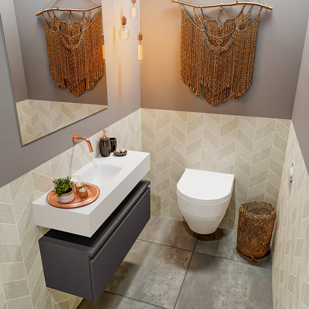 MONDIAZ ANDOR 80cm toiletmeubel dark grey. LEX 80cm wastafel talc positie midden. Zonder kraangat