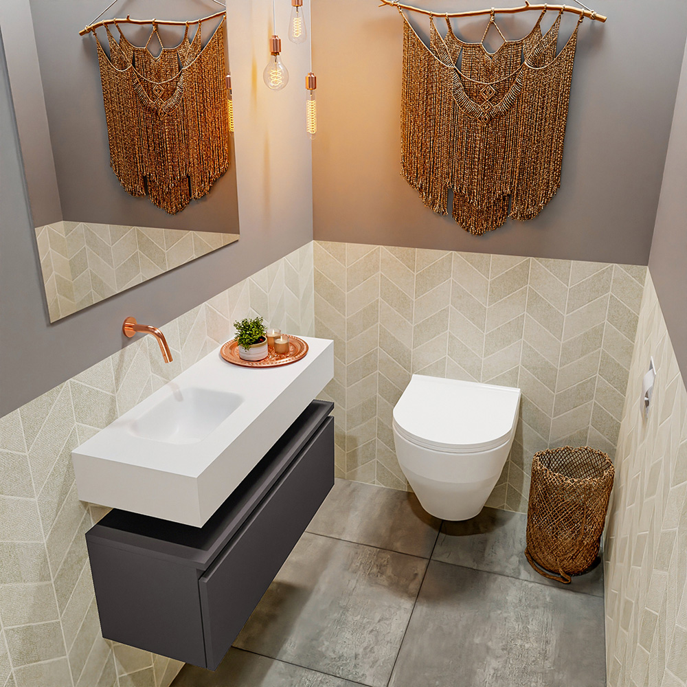MONDIAZ ANDOR 80cm toiletmeubel dark grey. LEX 80cm wastafel talc positie links. Zonder kraangat