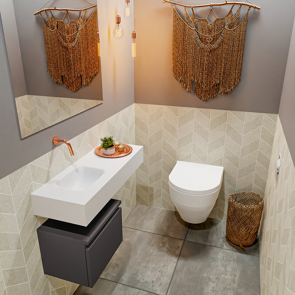 MONDIAZ ANDOR 40cm toiletmeubel dark grey. LEX 80cm wastafel talc positie links. Zonder kraangat