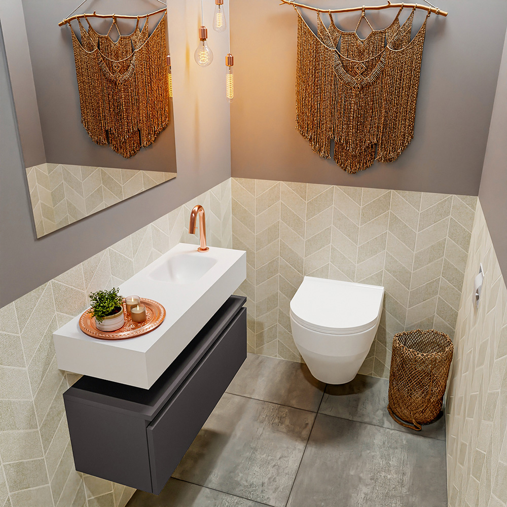 MONDIAZ ANDOR 80cm toiletmeubel dark grey. LEX 80cm wastafel talc positie rechts. Met 1 kraangat