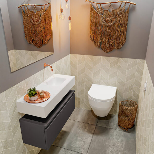 MONDIAZ ANDOR 80cm toiletmeubel dark grey. LEX 80cm wastafel talc positie rechts. Zonder kraangat