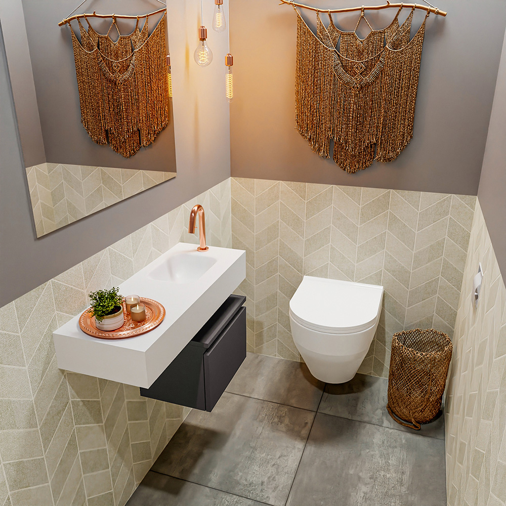 MONDIAZ ANDOR 40cm toiletmeubel dark grey. LEX 80cm wastafel talc positie rechts. Met 1 kraangat