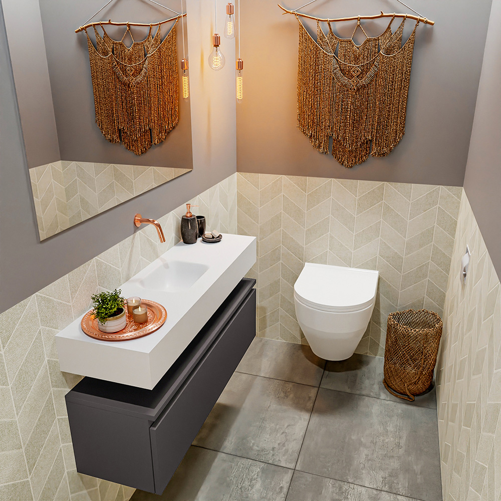 MONDIAZ ANDOR 100cm toiletmeubel dark grey. LEX 100cm wastafel talc positie midden. Zonder kraangat