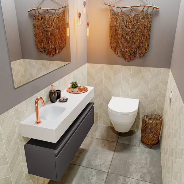 MONDIAZ ANDOR 100cm toiletmeubel dark grey. LEX 100cm wastafel talc positie links. Met 1 kraangat