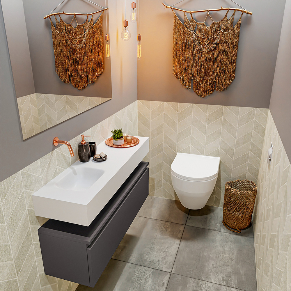 MONDIAZ ANDOR 100cm toiletmeubel dark grey. LEX 100cm wastafel talc positie links. Zonder kraangat