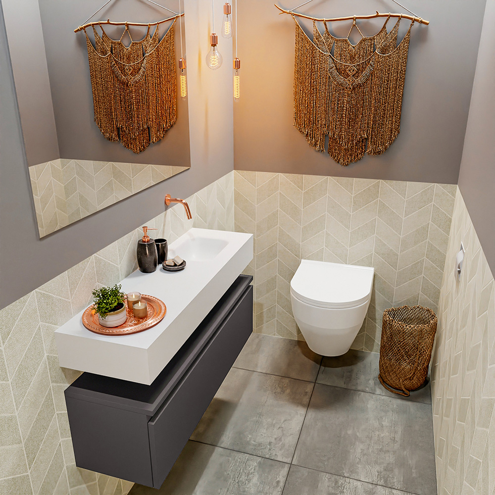 MONDIAZ ANDOR 100cm toiletmeubel dark grey. LEX 100cm wastafel talc positie rechts. Zonder kraangat