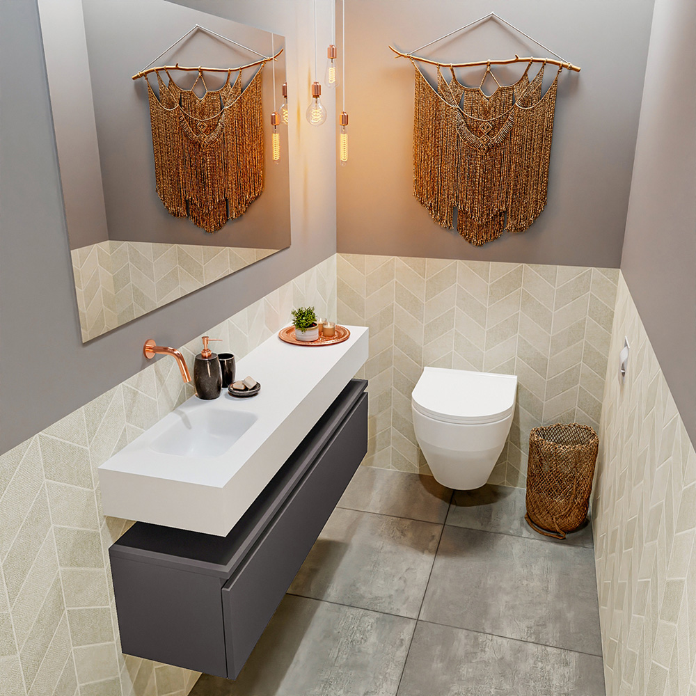 MONDIAZ ANDOR 120cm toiletmeubel dark grey. LEX 120cm wastafel talc positie links. Zonder kraangat