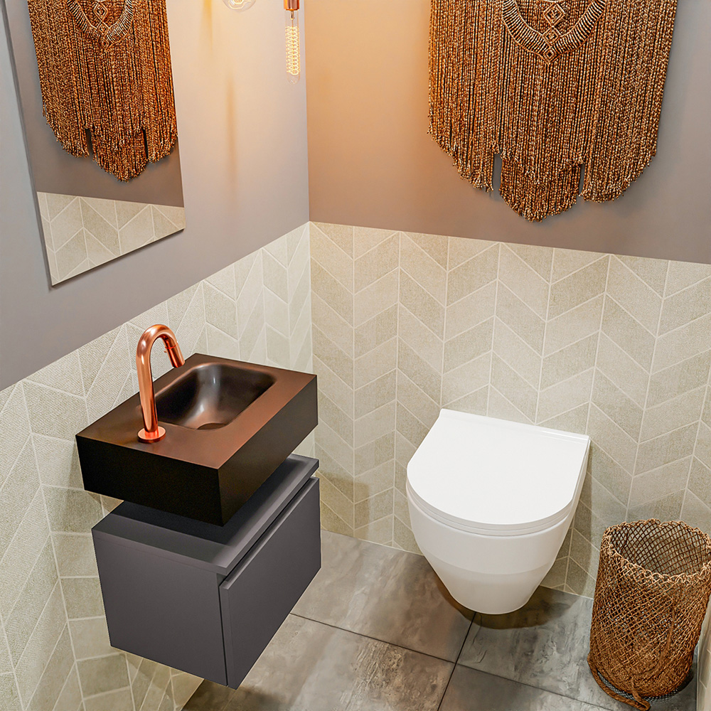 MONDIAZ ANDOR 40cm toiletmeubel dark grey. LEX 40cm wastafel urban positie rechts. Met 1 kraangat