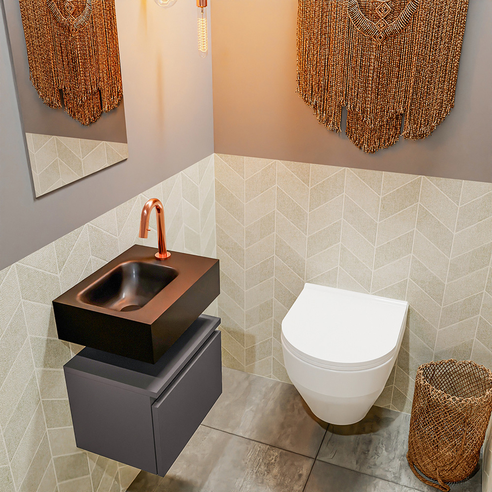 MONDIAZ ANDOR 40cm toiletmeubel dark grey. LEX 40cm wastafel urban positie links. Met 1 kraangat