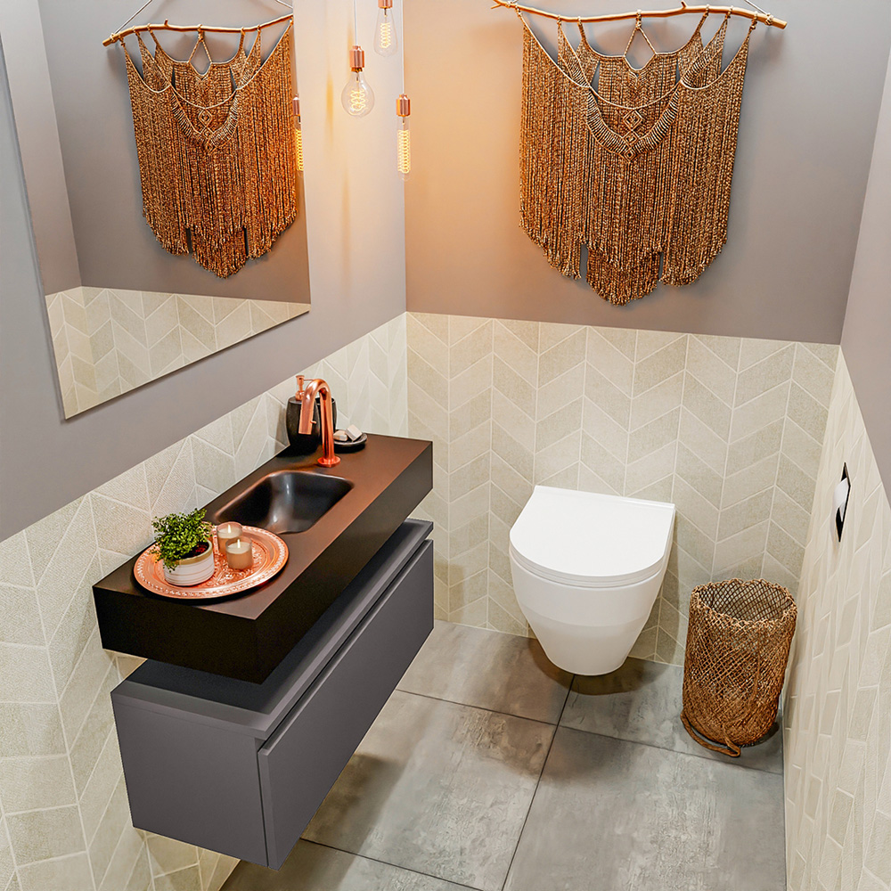 MONDIAZ ANDOR 80cm toiletmeubel dark grey. LEX 80cm wastafel urban positie midden. Met 1 kraangat