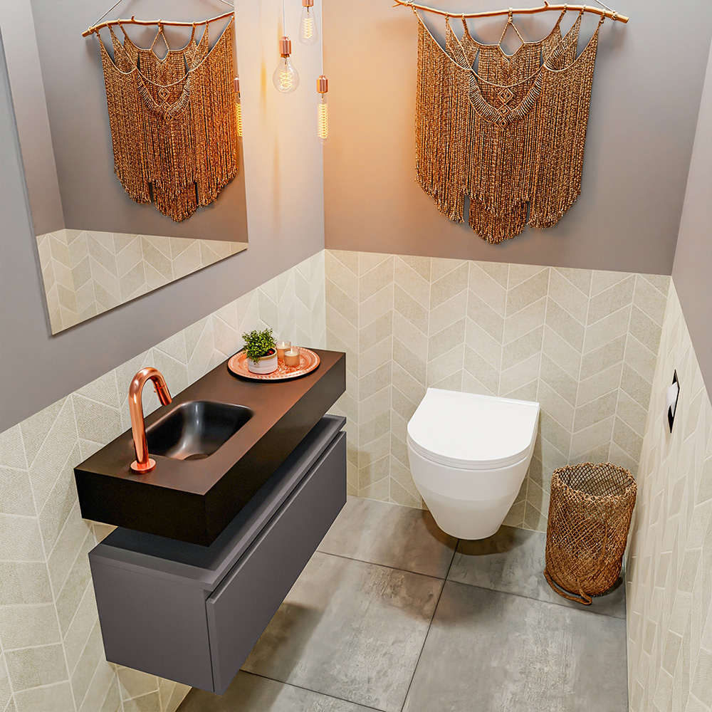 MONDIAZ ANDOR 80cm toiletmeubel dark grey. LEX 80cm wastafel urban positie links. Met 1 kraangat
