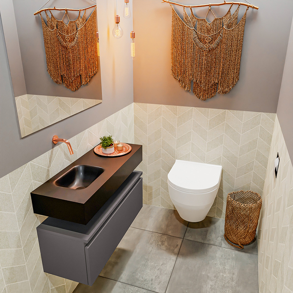 MONDIAZ ANDOR 80cm toiletmeubel dark grey. LEX 80cm wastafel urban positie links. Zonder kraangat