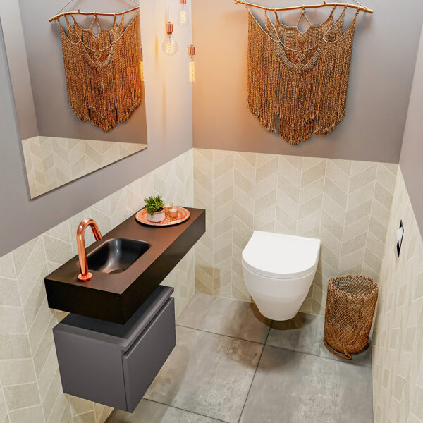 MONDIAZ ANDOR 40cm toiletmeubel dark grey. LEX 80cm wastafel urban positie links. Met 1 kraangat