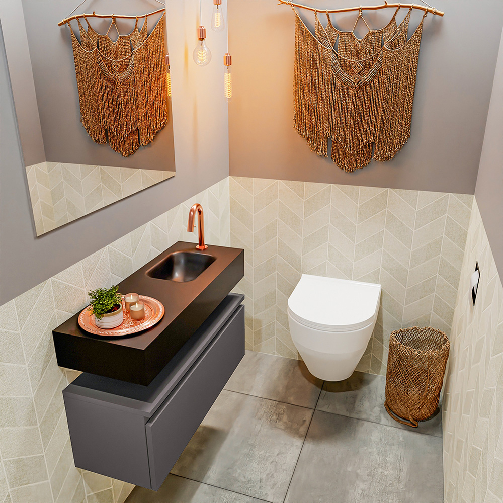 MONDIAZ ANDOR 80cm toiletmeubel dark grey. LEX 80cm wastafel urban positie rechts. Met 1 kraangat