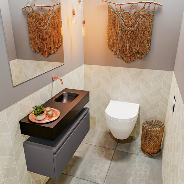 MONDIAZ ANDOR 80cm toiletmeubel dark grey. LEX 80cm wastafel urban positie rechts. Zonder kraangat