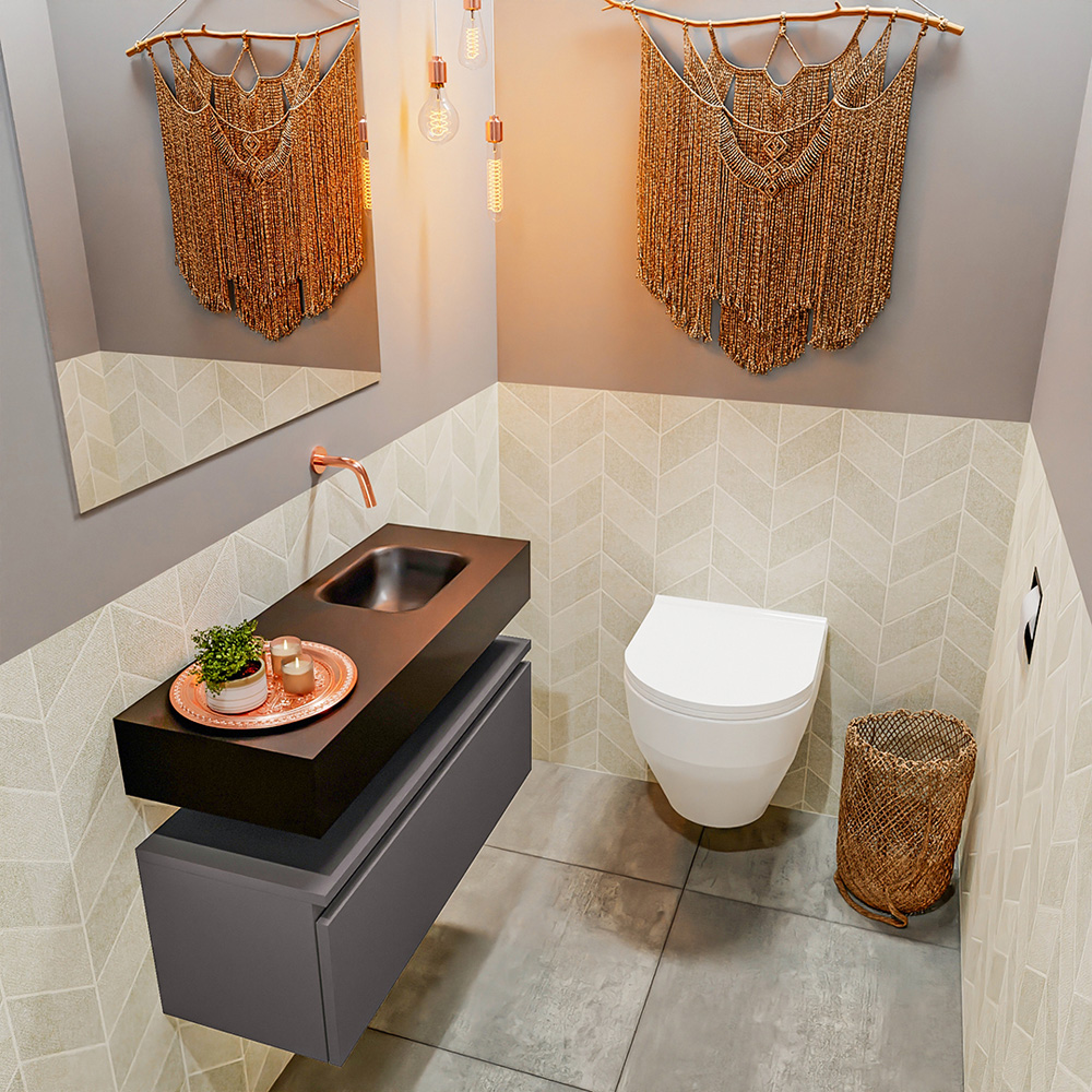 MONDIAZ ANDOR 80cm toiletmeubel dark grey. LEX 80cm wastafel urban positie rechts. Zonder kraangat