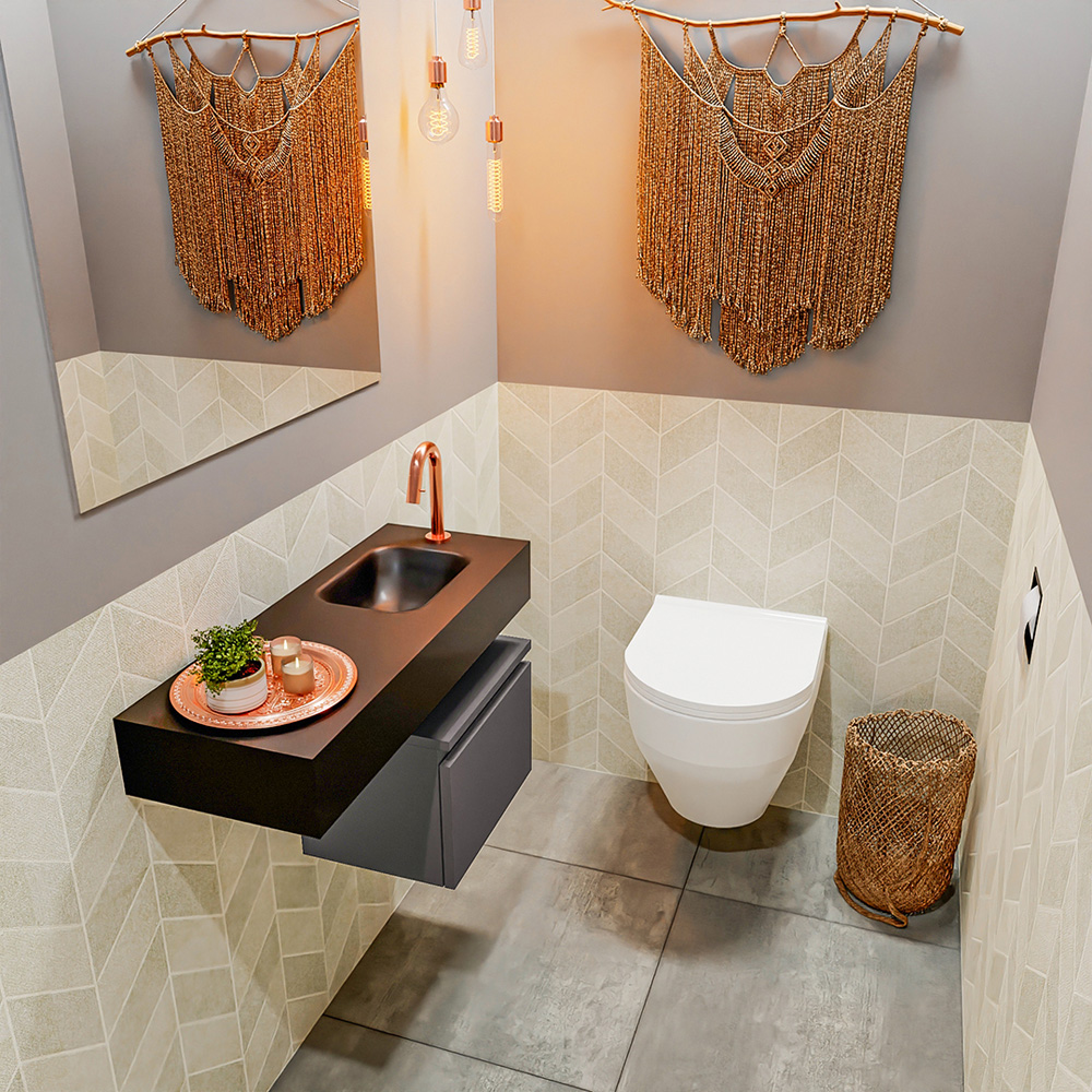 MONDIAZ ANDOR 40cm toiletmeubel dark grey. LEX 80cm wastafel urban positie rechts. Met 1 kraangat