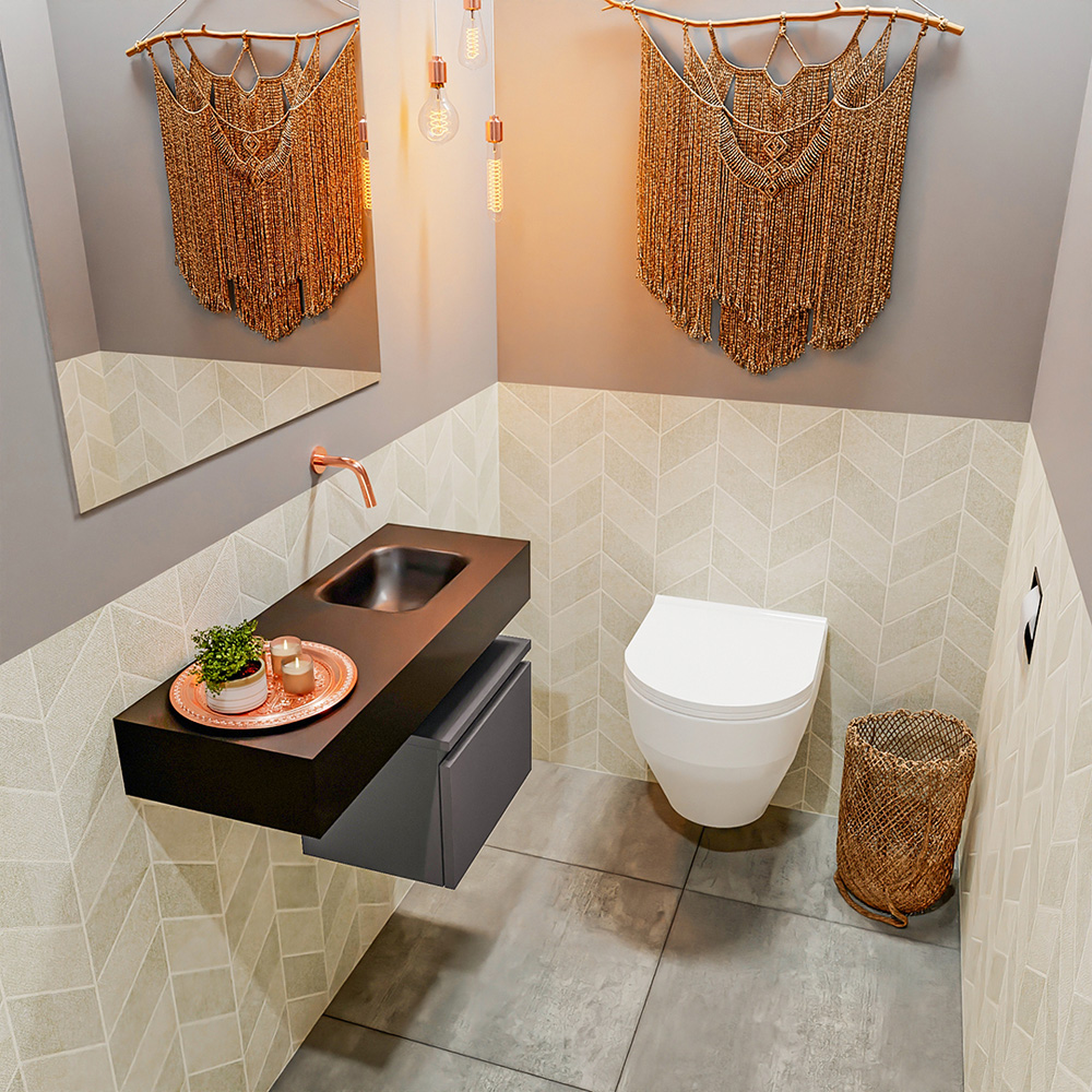 MONDIAZ ANDOR 40cm toiletmeubel dark grey. LEX 80cm wastafel urban positie rechts. Zonder kraangat