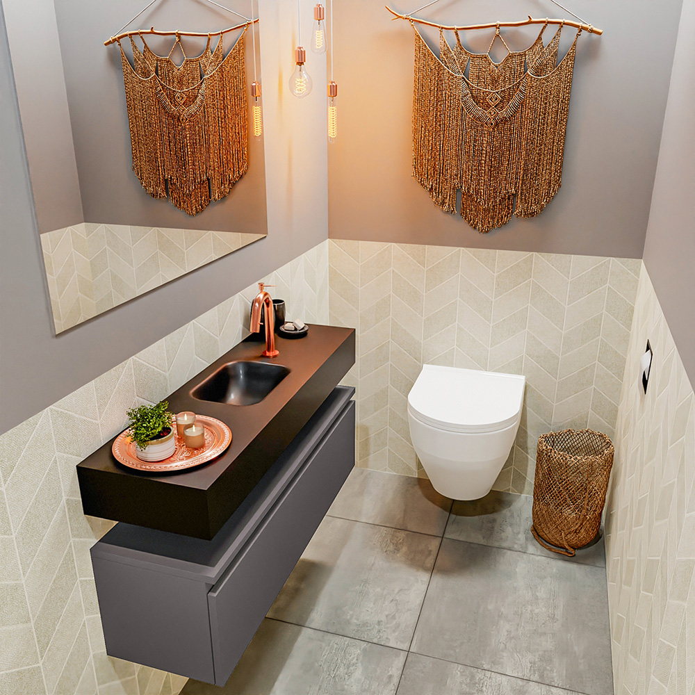 MONDIAZ ANDOR 100cm toiletmeubel dark grey. LEX 100cm wastafel urban positie midden. Met 1 kraangat
